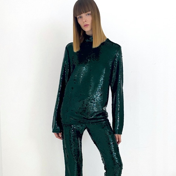 ZARA Sequin High Neck Top Green - Picture 2 of 8